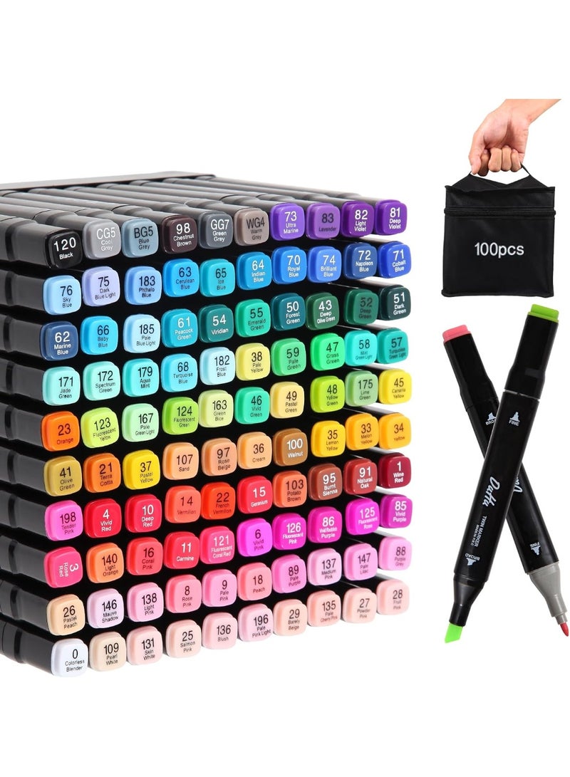 100 Colors Alcohol Markers Set, Dual Tips Blender Art Markers for Drawing Sketching Coloring Artist Pens and Underlining, Professional Permanent Sketch Markers for Kids Adult Coloring - Image 1